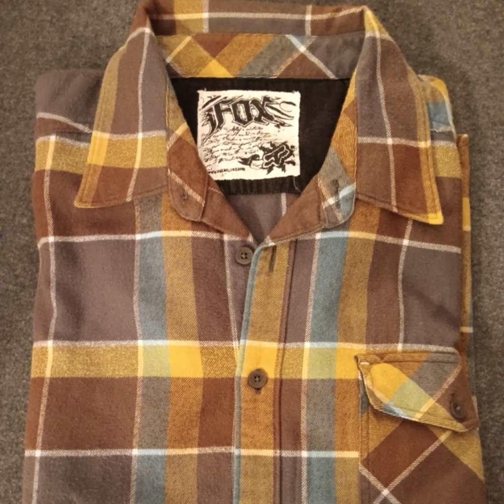 Fox Deluxe Men's Flannel Shirt(XXL)- plaid pattern-brown, mustard,teal and white